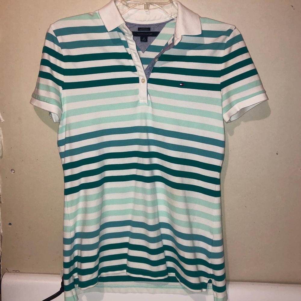 TOMMY HILFIGER Polo. Blue/Green Stripes. Small